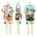 Printed Short Sleeved Shorts with Color Blocking Holiday Leisure Set