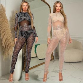 Hot Diamond Fashionable and Sexy Perspective Jumpsuit Pants Two-piece Set