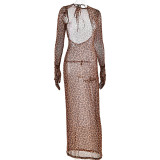 Leopard Print Round Neck Long Sleeved Backless Dress