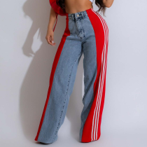 Spliced Three Striped Wide Leg Denim Pants with Elastic Straight Leg Pants