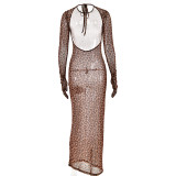 Leopard Print Round Neck Long Sleeved Backless Dress