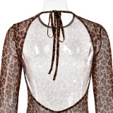 Leopard Print Round Neck Long Sleeved Backless Dress