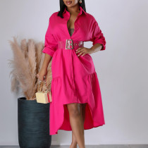 Flip Collar Solid Color Fashionable Loose Casual Button Irregular Shirt Skirt