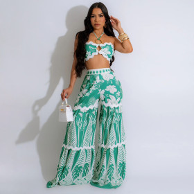 Tie Up Strapless Top Paired with Loose Wide Leg Pants Two-piece Set