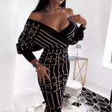 Printed V-neck Waist Cinching Dress