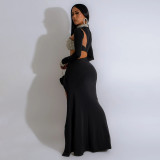 Solid Color Hot Diamond Long Sleeved High Slit Dress