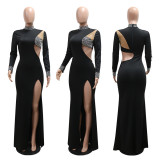 Solid Color Hot Diamond Long Sleeved High Slit Dress
