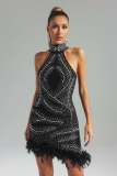 Hot Diamond Feather Sleeveless Wrap Hip Elastic Pearl Dress