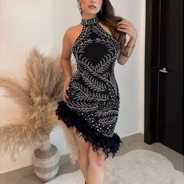 Hot Diamond Feather Sleeveless Wrap Hip Elastic Pearl Dress
