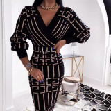 Printed V-neck Waist Cinching Dress