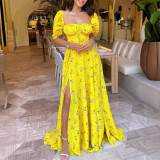 Yellow Floral Split Long Skirt