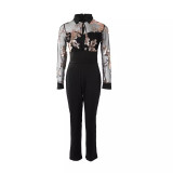 V-neck Mesh Patchwork Beaded Split Jumpsuit