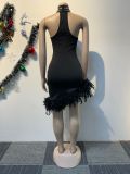 Hot Diamond Feather Sleeveless Wrap Hip Elastic Pearl Dress