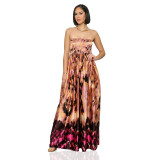 Satin Printed Sleeveless Strapless Long Skirt