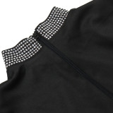 Solid Color Hot Diamond Long Sleeved High Slit Dress