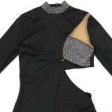 Solid Color Hot Diamond Long Sleeved High Slit Dress