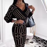 Printed V-neck Waist Cinching Dress