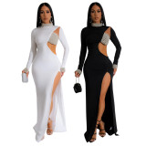 Solid Color Hot Diamond Long Sleeved High Slit Dress