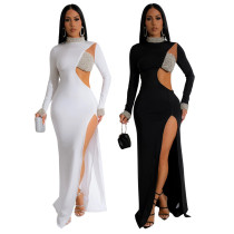 Solid Color Hot Diamond Long Sleeved High Slit Dress