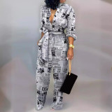Newspaper Printed Long Sleeved Jumpsuit