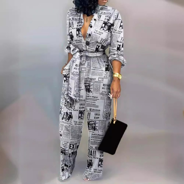 Newspaper Printed Long Sleeved Jumpsuit