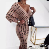 Printed V-neck Waist Cinching Dress