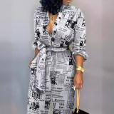Newspaper Printed Long Sleeved Jumpsuit