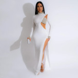Solid Color Hot Diamond Long Sleeved High Slit Dress