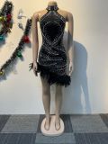 Hot Diamond Feather Sleeveless Wrap Hip Elastic Pearl Dress