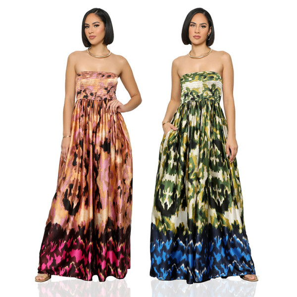 Satin Printed Sleeveless Strapless Long Skirt