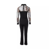 V-neck Mesh Patchwork Beaded Split Jumpsuit