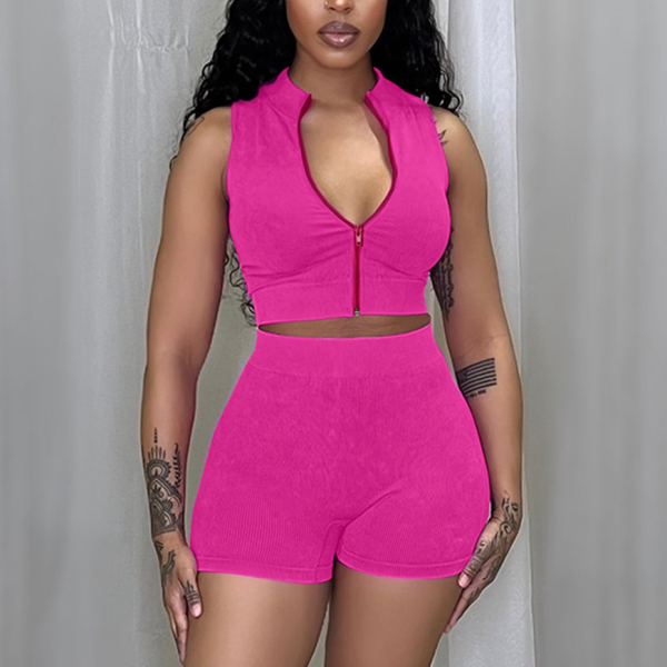 Knitted Sleeveless Zipper Casual Sports Two-piece Set