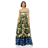 Satin Printed Sleeveless Strapless Long Skirt