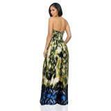 Satin Printed Sleeveless Strapless Long Skirt
