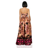 Satin Printed Sleeveless Strapless Long Skirt