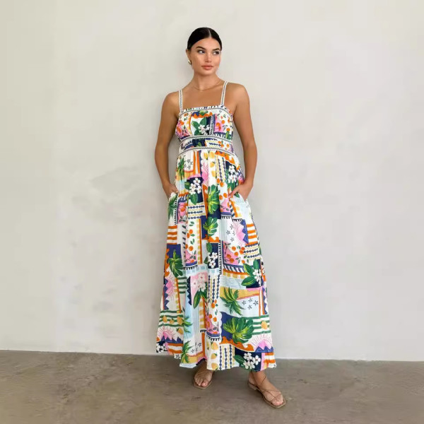 One Line Collar Plaid Printed Camisole Dress