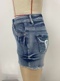 Retro Embroidered High Waist Ragged Edge Denim Shorts