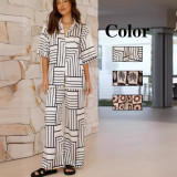 Casual Polo Collar Plaid Color Blocking Short Sleeved Set