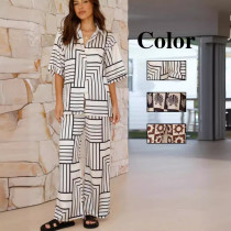 Casual Polo Collar Plaid Color Blocking Short Sleeved Set