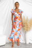 Fresh and Sweet V-neck Lotus Leaf Sleeves Mid Length Dress with Flowers