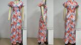 Fresh and Sweet V-neck Lotus Leaf Sleeves Mid Length Dress with Flowers