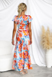 Fresh and Sweet V-neck Lotus Leaf Sleeves Mid Length Dress with Flowers