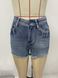 Retro Embroidered High Waist Ragged Edge Denim Shorts