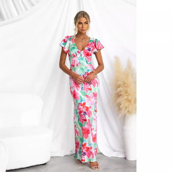 Fresh and Sweet V-neck Lotus Leaf Sleeves Mid Length Dress with Flowers