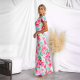 Fresh and Sweet V-neck Lotus Leaf Sleeves Mid Length Dress with Flowers