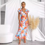 Fresh and Sweet V-neck Lotus Leaf Sleeves Mid Length Dress with Flowers