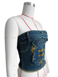 Embroidered Denim Imitation Skirt Top with Patchwork