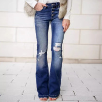 Perforated Breasted Mid Rise Elastic Jeans with Flared Pants