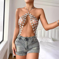 Hollow Sparkling Crystal Gemstone Hanging Neck Strap Backless Vest