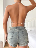 Hollow Sparkling Crystal Gemstone Hanging Neck Strap Backless Vest